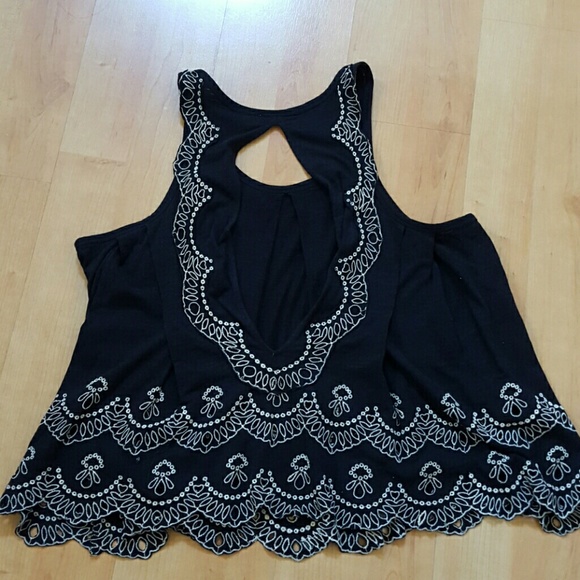 Free People Black beige embroidered Toosaloosa Slub Attina Tank - Picture 2 of 3